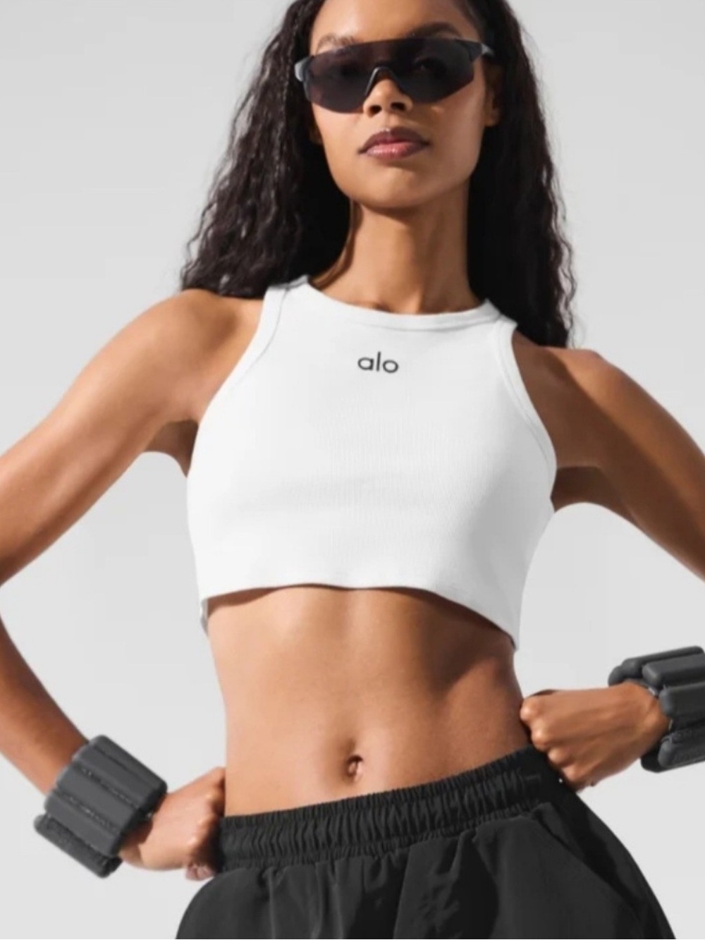 ALO Yoga White Ribbed High-Neck Crop Top
